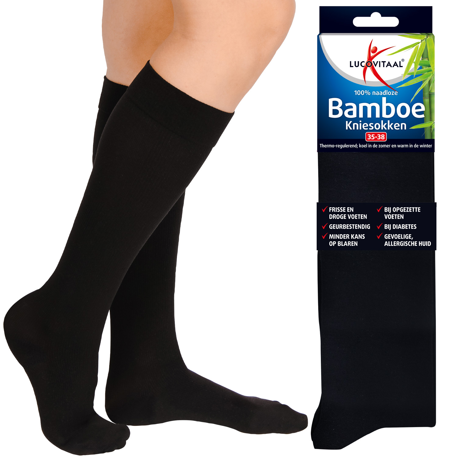 Bamboe Kniesok Zwart maat 39-42 2 paar